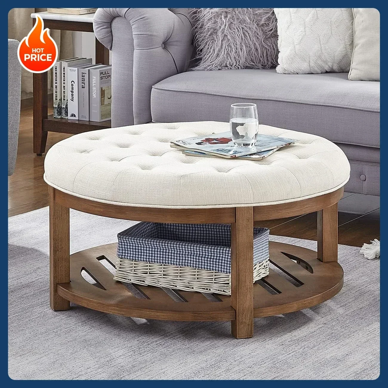 

[Discounted Price!]Large Round Upholstered Tufted Linen Ottoman Coffee Table, Large Footrest Ottoman with Wood Shelf Storage-Ivo