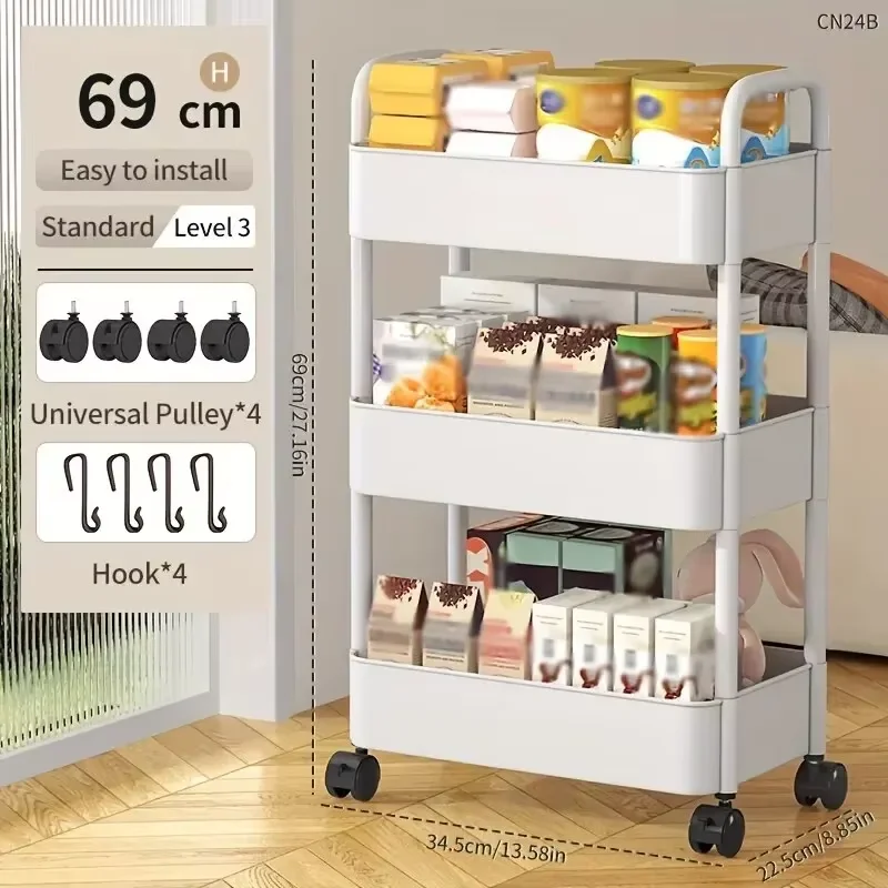 

1 PC 3-Layer Rolling Plastic Storage Cart with Armrests - Space-Efficient Multi-Room Organizer, Matte Finish