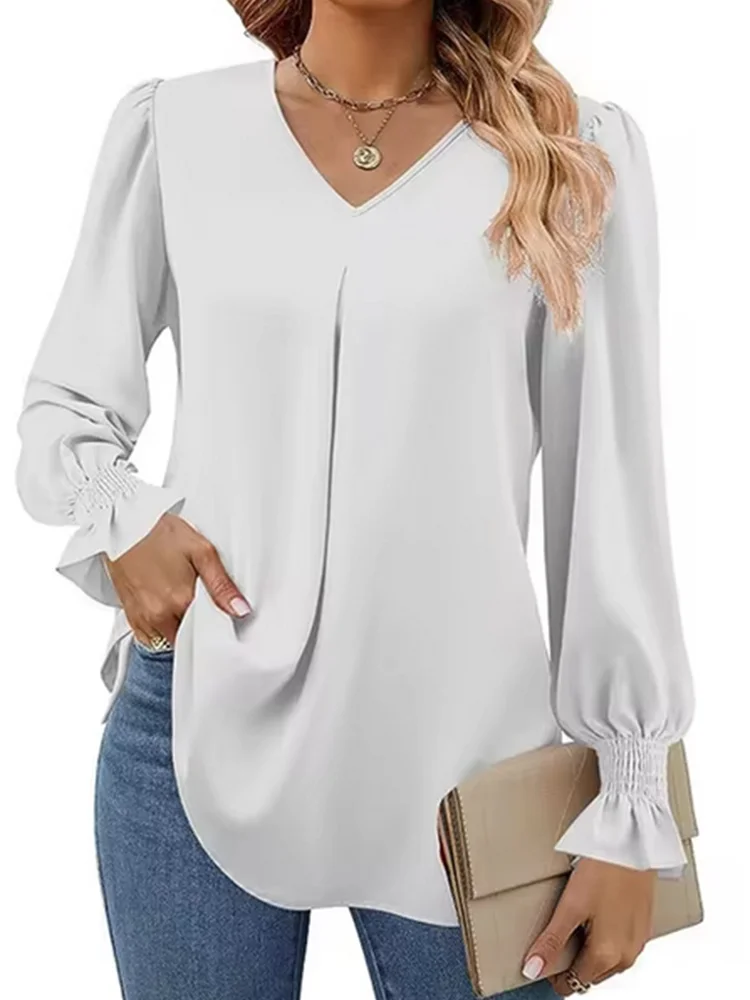 Elegant V-neck Solid Color Blouse Women\'s Long Sleeved Simple T-shirt  Autumn Top Clothes