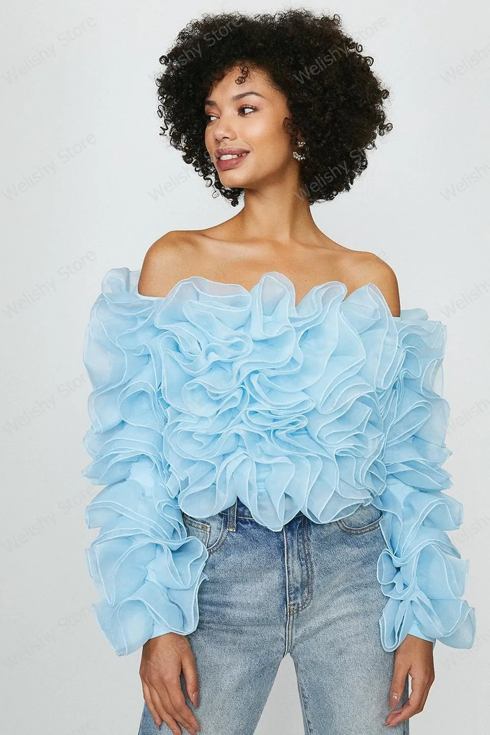 Puffy Off Shoulders Ruffled Short Tulle Tops Sky Blue Tiered Tutu Summer Blouse Women Fashion Illusion Beach Organza Party Top