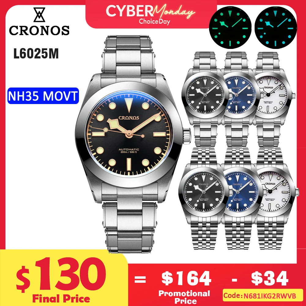 Cronos BB39 Mechanical Men Watch 39mm Automatic NH35 PT5000 SW200 Snow Hands Sapphire Glass Bushed Bracelet 20ATM L6025M L6026