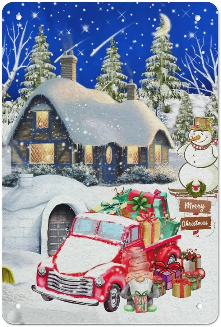 รถบรรทุกคริสต์มาส Snowman Merry Christmas แผ่นยินดีต้อนรับ Snowman ป้ายโลหะดีบุก Xmas ฤดูหนาวป้ายสําหรับแผ่นโปสเตอร์ Cafe Wal