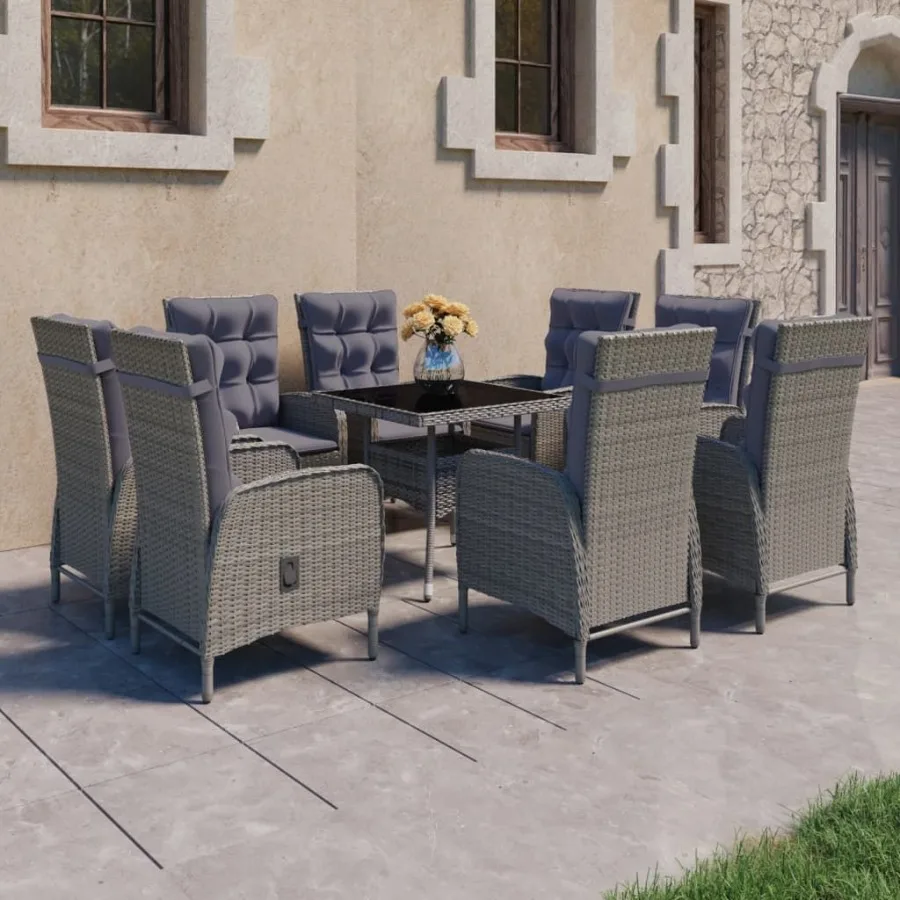 

9 Piece Patio Dining Set Poly Rattan and Glass Gray