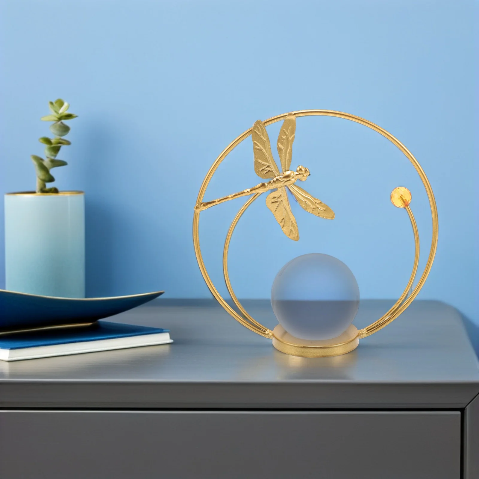 

European Style Crystal Ball Sphere Transparent Metal Dragonfly Base Decorative Tabletop Ornament for Office Bedroom Home