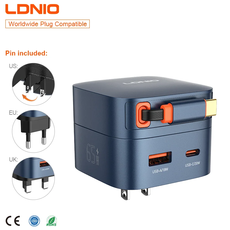 LDNIO Q10 65W GaN Fast Charger 3 Ports All in One Design 100 240V Wide Safety Protection Portable Phone Charger Travel Charger
