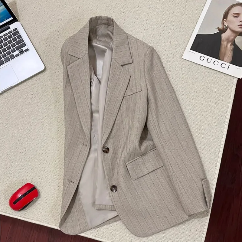 2026 Fashion Light-khaki Striped Suit Jacket Women's Casual Blazers Spring Autumn Single-breasted Office Coat Lady Slim Blazers
