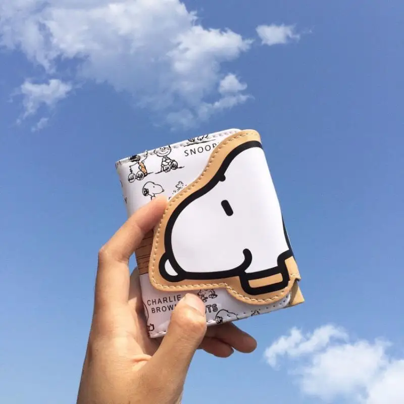 Kawaii Peanuts Snoopy Short Wallet Card Holder Multi Functional Button Pu Card Bag Three Fold Wallet Individuality Gift For Girl