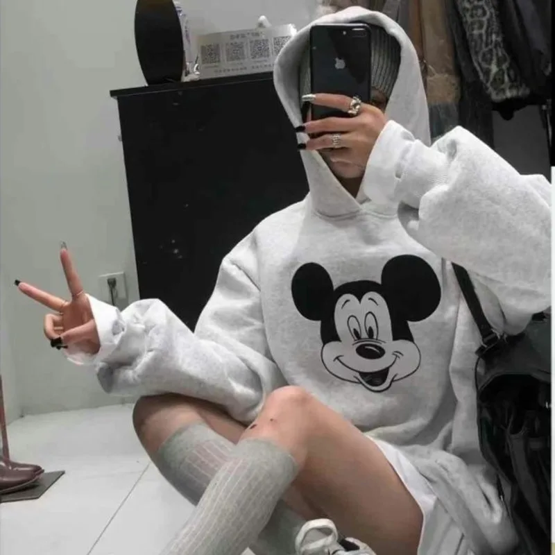 Disney Mickey Cute Print Thickened Hooded Sweatshirt Loose American Style Fashion Hoodie Autumn Winter Casual Versatile Pullover