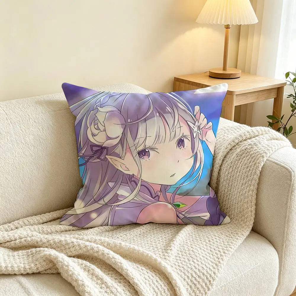 Anime Re Zero E-Emilia Pillow Case Square Double-Sided Sofa Cushion Cover Bedroom Bedside Pillow