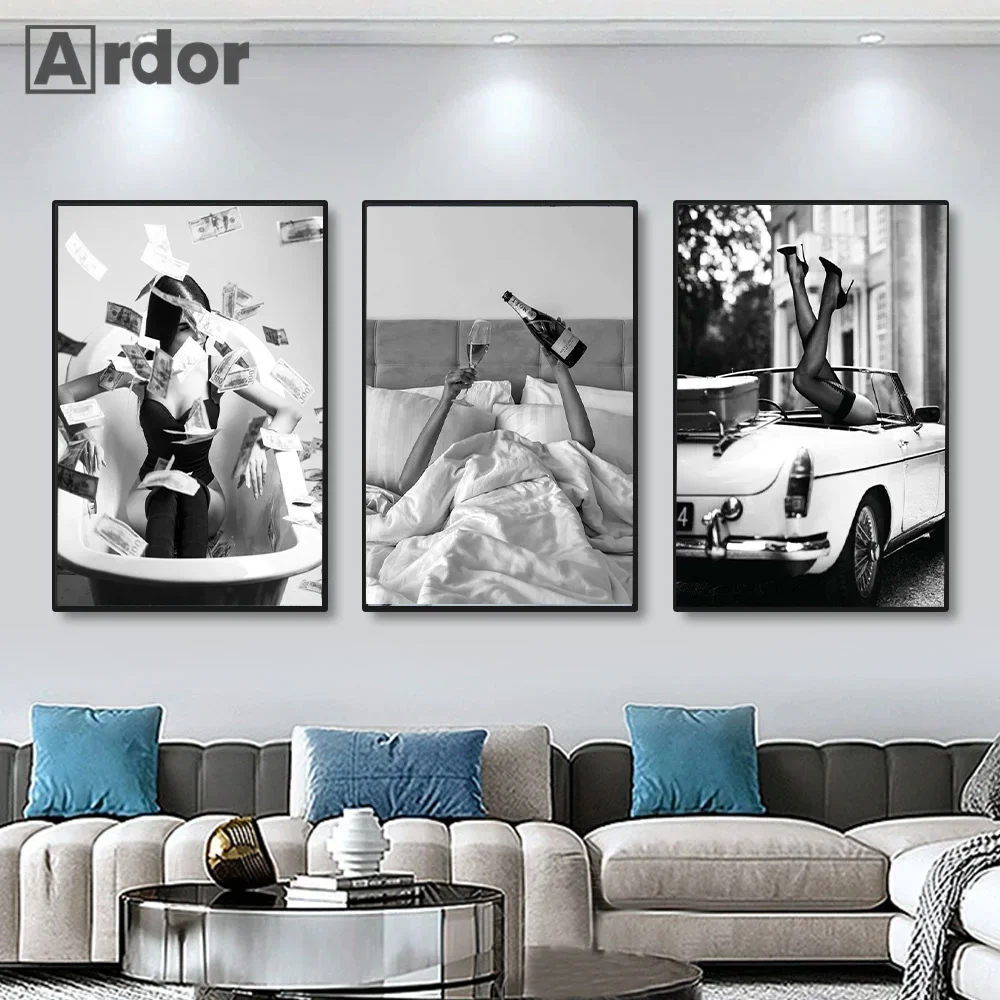 Modern Sexy Woman Canvas Painting Wall Art Black White Girl Car Drinking Wine Poster Bathroom Print Pictures Living Room Decor