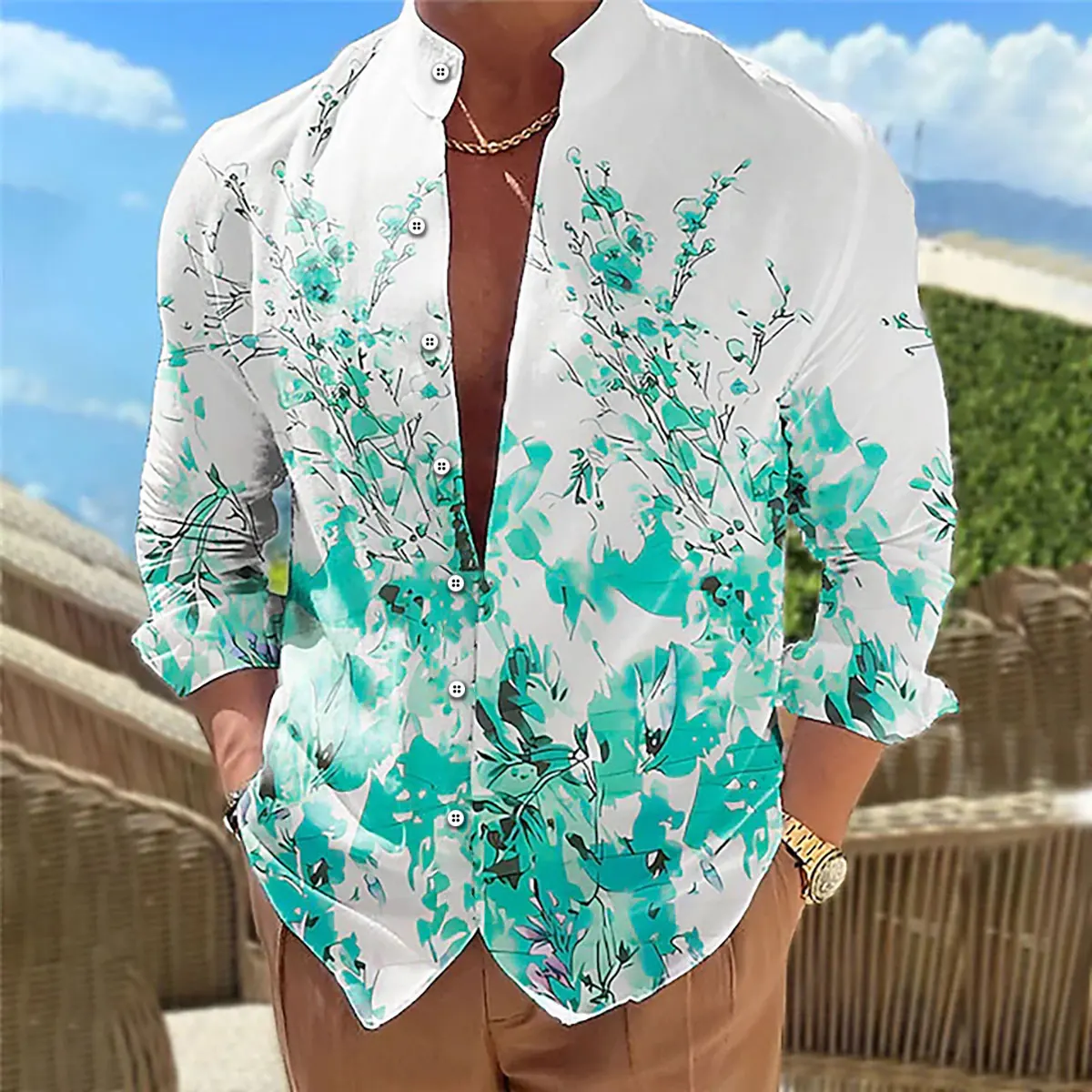 New Men\'s Shirt Multicolor Floral Pattern 3D Printing Stand Collar Long Sleeve Daily Casual XS-6XL Fast Shipping