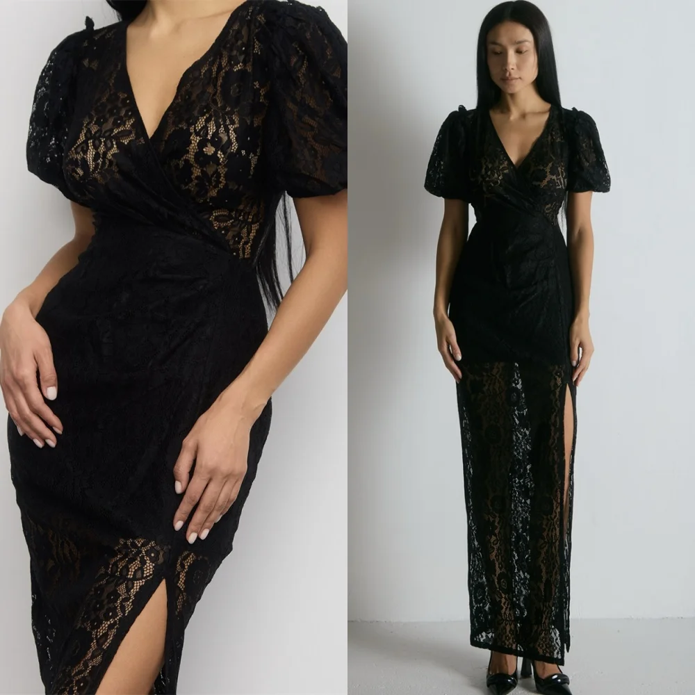 

Customized Luxury Black Lace Evening Dresses Fashion V-Neck Short Sleeves Homecoming Dresses Modern Special Occasion Gowns
