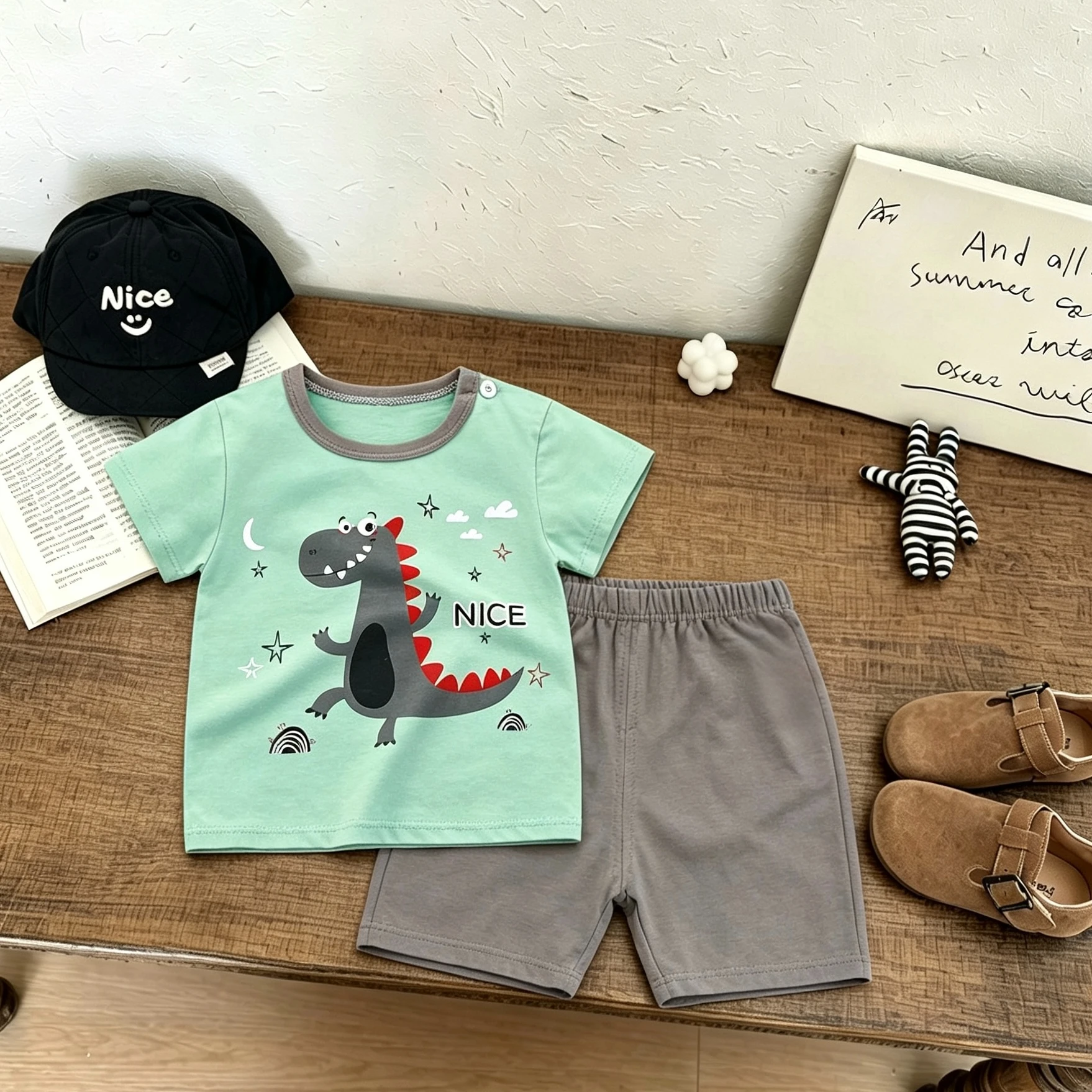 Dinosaur Print T-shirt Cartoon Print Shorts Two Piece Set Outer Wear 2026 Summer Baby Clothing Cute Tees+Shorts Fashion Suits