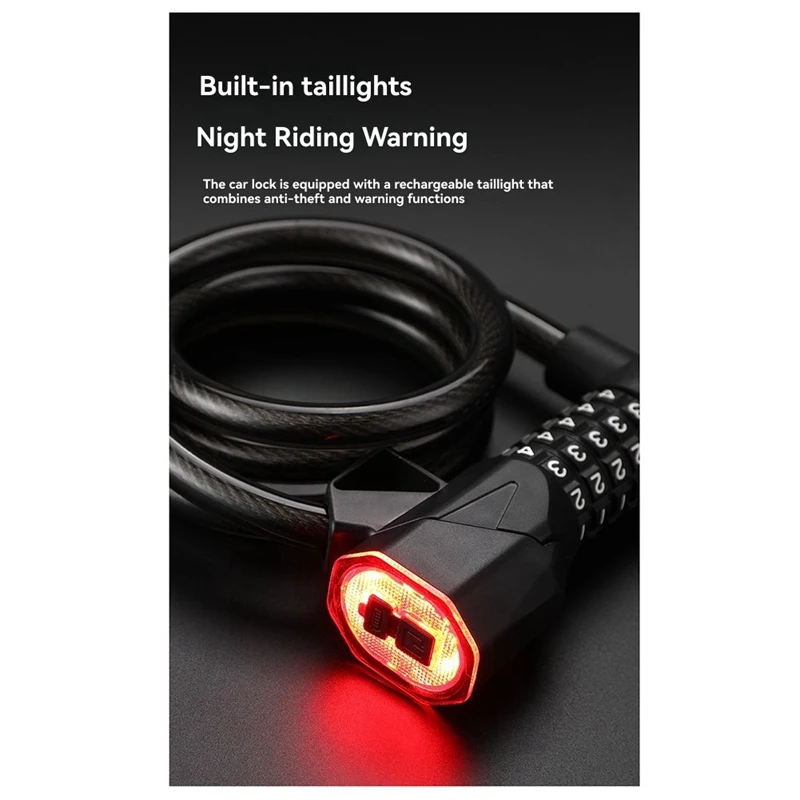 Bicycle Lock with Light 5 Digit Security Password Bike Lock Steel Cable Chain Anti-Theft Lock for Road Bike Green-ABFB