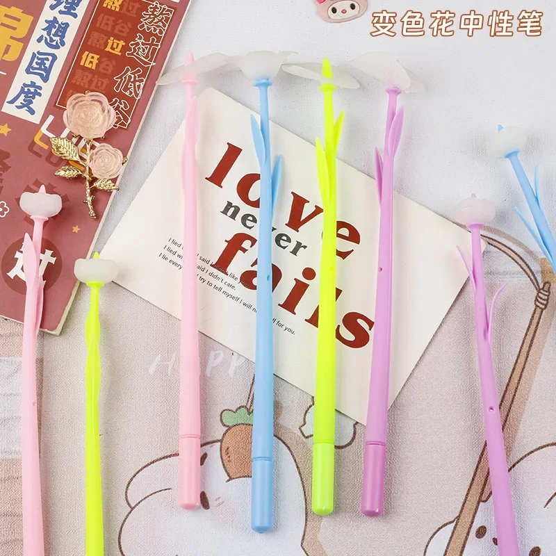 50PCS Creative Flower Sun Light Color Changing Neutral Pen Tulip Silicone Styling Pen Black Signature Brushing Pen