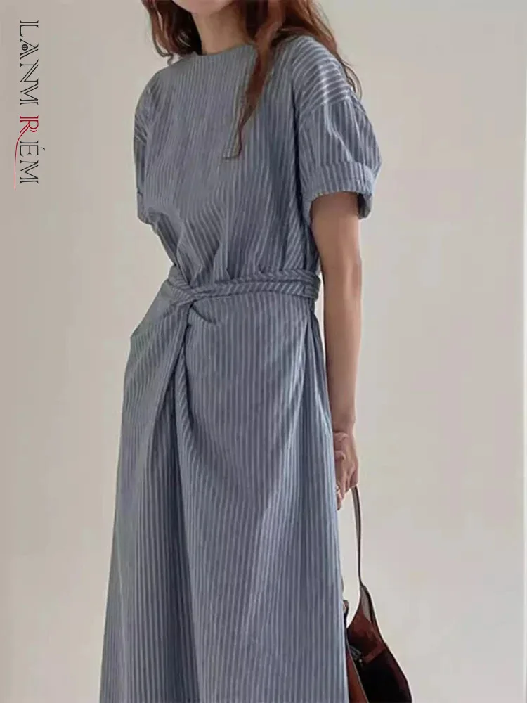 

LANMREM Fashion Striped Dress For Women O-neck Short Sleeves Lace-up Gathered Waist Dressses Temperament 2024 Summer New 2Z1938