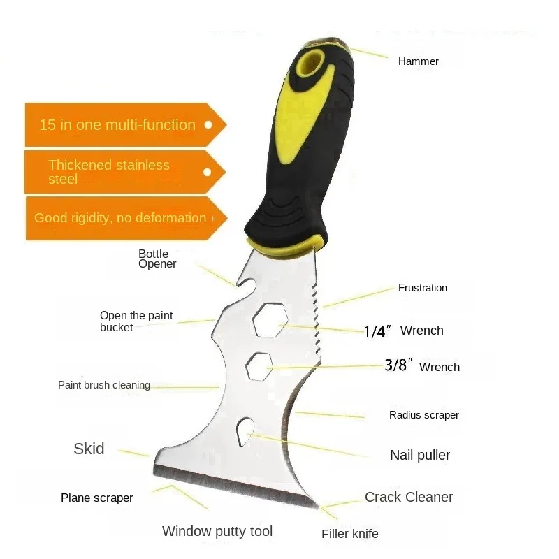 

1 шт. 15-в-1 универсальный шпатель из нержавеющей стали, скребок для краски, инструмент для обоев, открывалка для консервных банок, чистящие валики для краски, инструменты для домашнего DIY