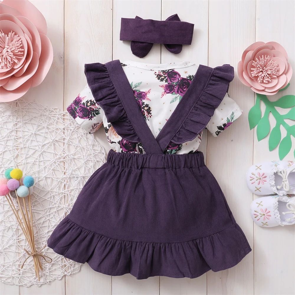 Newborn Baby Girl Clothes Suit Short Sleeves Flower Bodysuit Strap Skirt with Headband 3PCS Infant Baby Girl Clothes