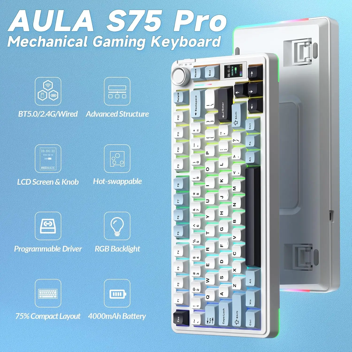 AULA S75Pro 무선 기계식 키보드, 80키, 스마트 LCD 화면, 다기능 노브, 4000mAh 배터리, 핫 스왑 방식, PBT 재질, RGB 백라이트, 트라이 모드 게이밍
