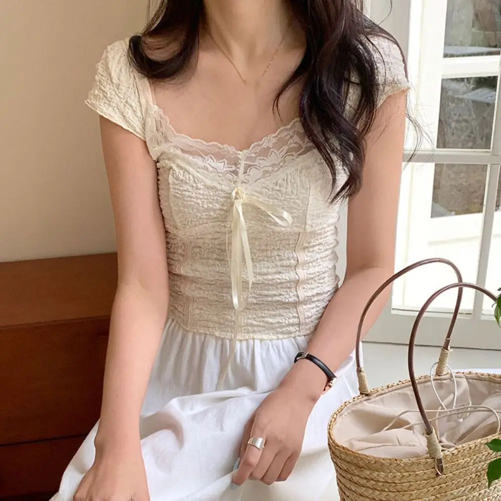 

Ins Sweet Slim Crop Top Female Clothing Korean Style Short Sleeve T-shirt Bottoming Shirt Spicy Girl Lace Bow T-Shirt Women Girl
