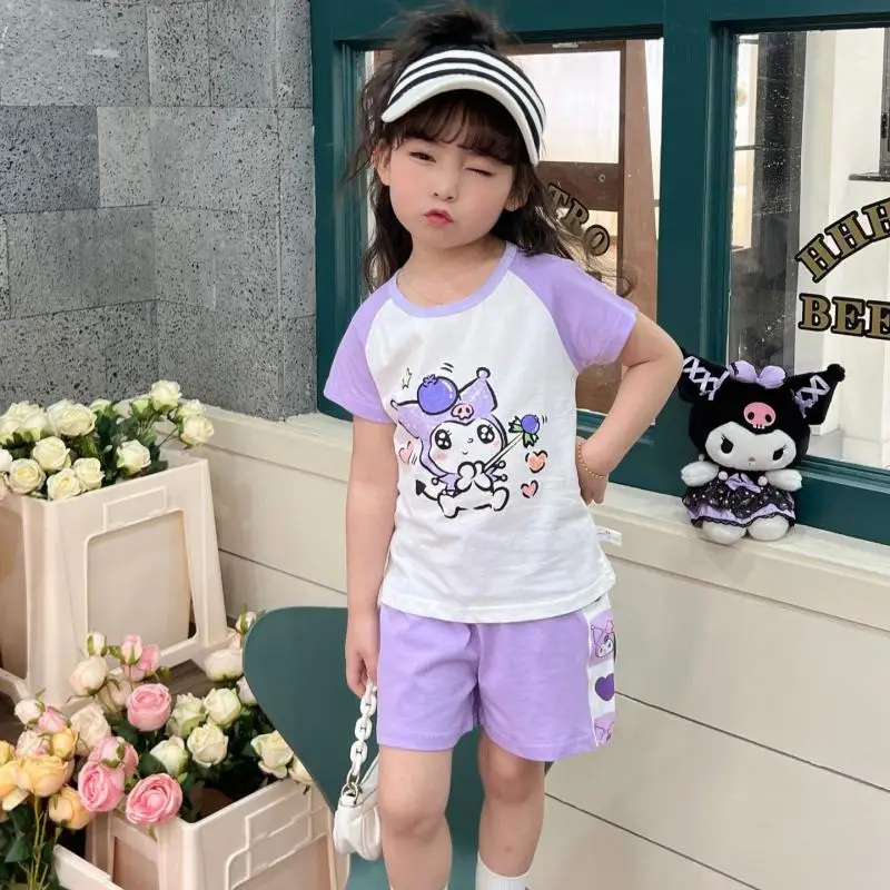 Sanrios Anime Kuromi My Melody Cinnamoroll Kawaii T-Shirt Pants Suit Cartoon Cute Summer Loose Fitting Leisure Outdoors Motion