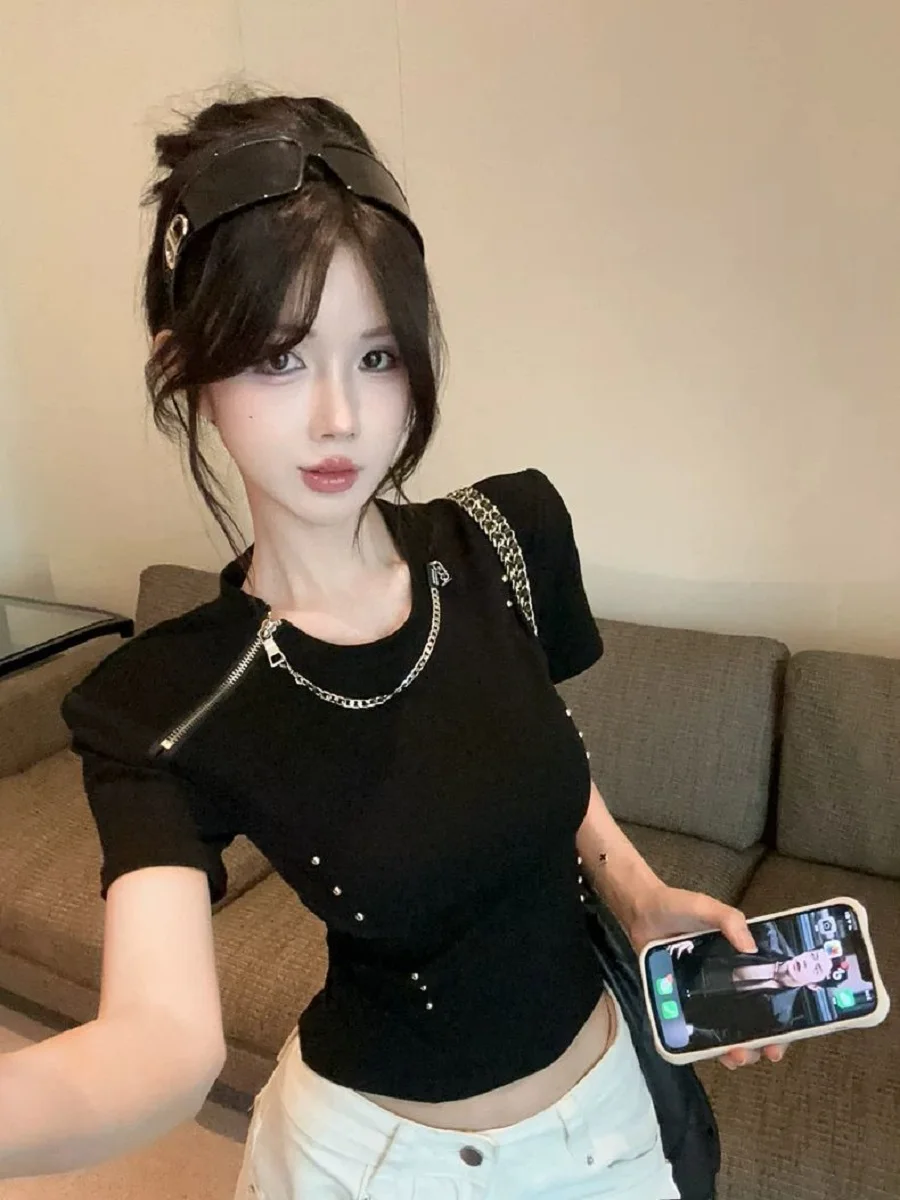 

American Chain Short-sleeved T-shirt Women 2025 Summer New Hot Girl Design Niche Short Slim Fish Bone Top