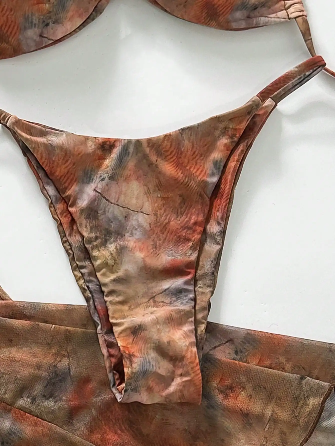 

Orange Brown Tie-Dye Asymmetrical Bandeau Bikini Set With Ruched Skirt And Beaded Detail Women's 3-Piece Swimwear