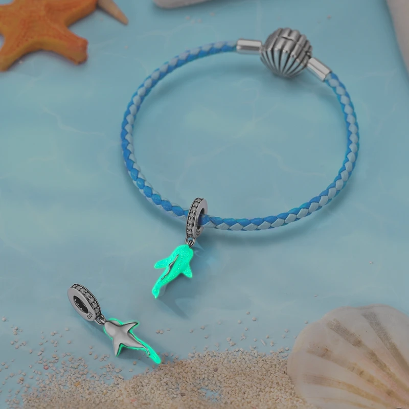 صالح الأصلي 925 فضة دلايات الخرز الأزرق مضيئة الحوت القرش فرس البحر دولفين دلايات للنساء غرامة لتقوم بها بنفسك مجوهرات هدايا