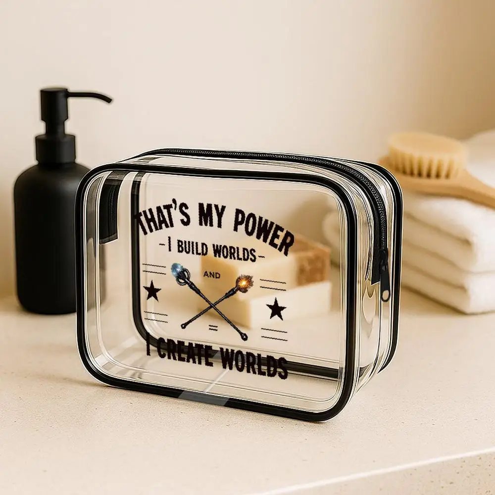 Crossed Magic Wands Clear Pvc Zipper Makeup Organizer Bag Retro Typographic Design with Black Star for Women Summer Travel Bag