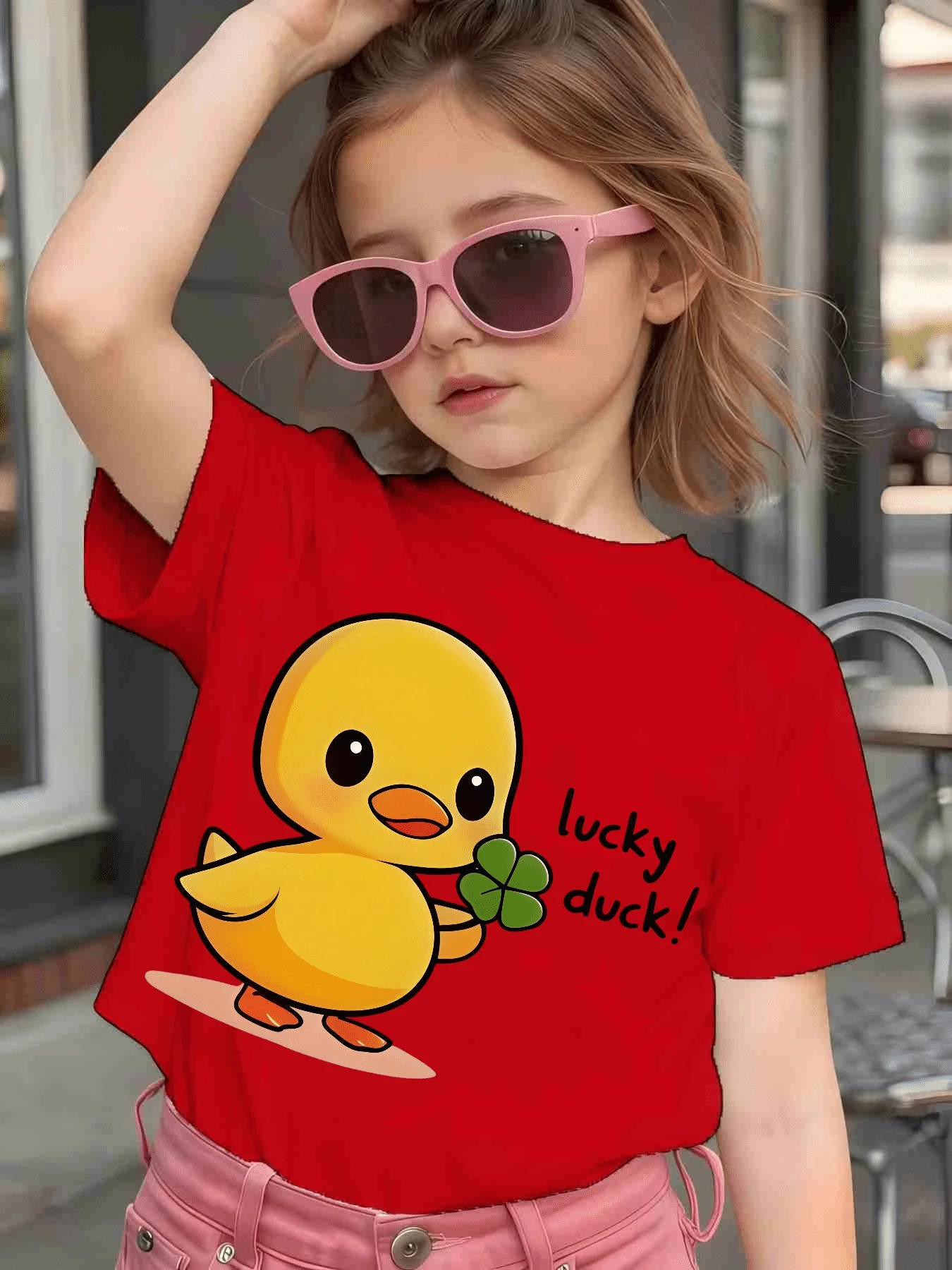 Clover Lucky Duck Cartoon Letter Print Kid T Shirt Boys Girls Family Match Cotton Short Sleeve Summer Children Casual Basic Wear