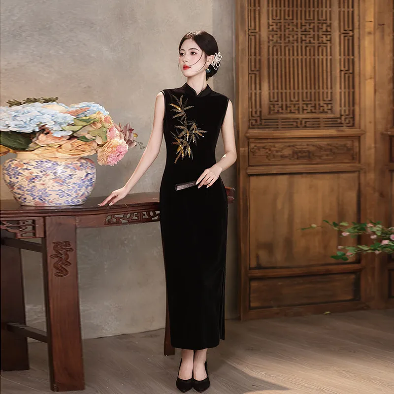 Black Velvet Sleeveless New Chinese Suzhou Autumn Cheongsam Improvement Young Women Spring and Autumn Qipao Dress