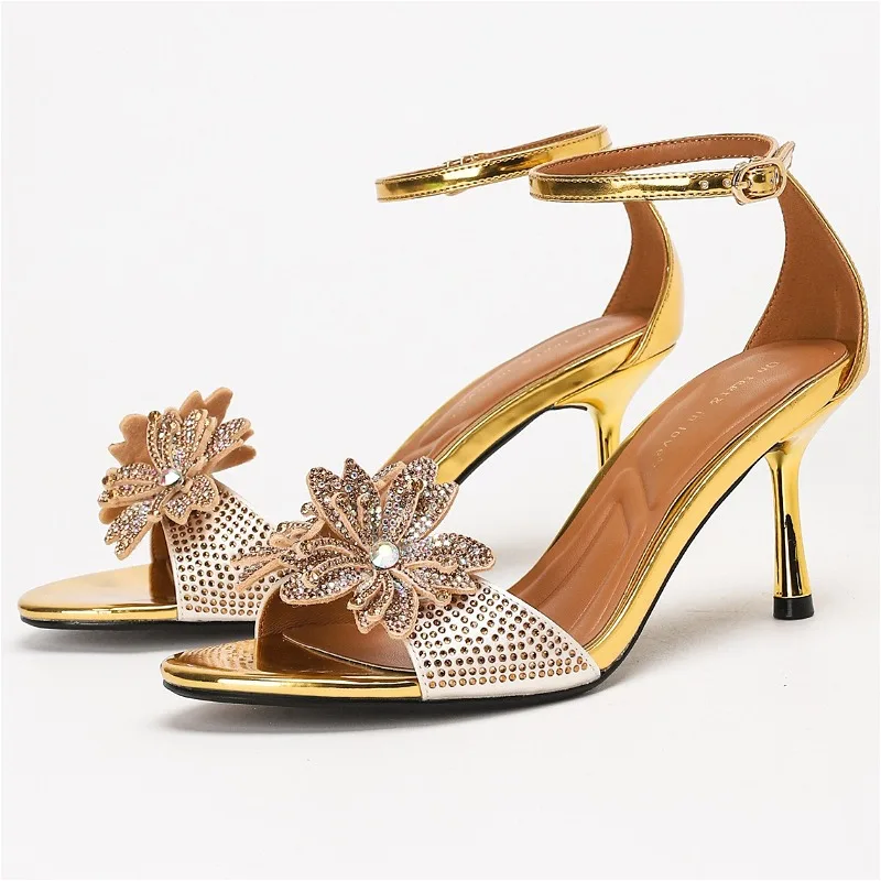 

Flower Rhinestone Luxury High Heels Women Ankle Strap Open Toe Sexy Banquet Party Shoes Elegant Heeled Sandals Women Pumps