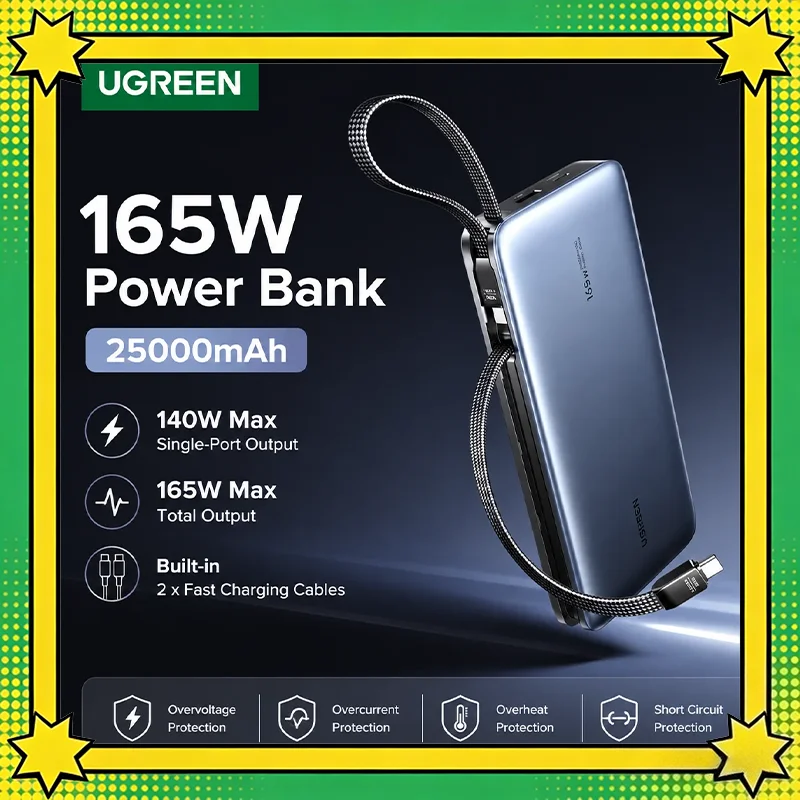 UGREEN PB552-55995  145W/165W, 3C Certified, 20000mAh/25000mAh High Capacity Portable Power Bank with Built-in Charging Cable