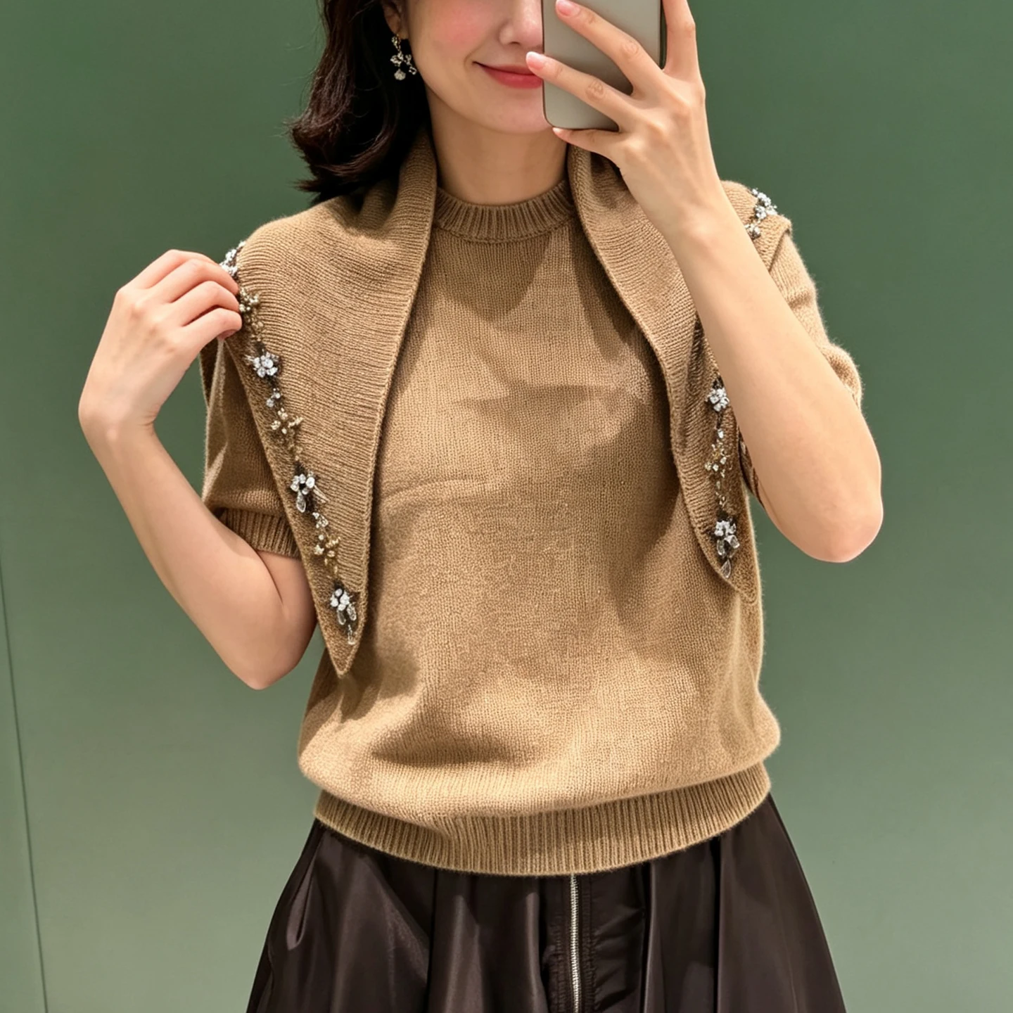 Suitable for single wear tops, old money wind beads, scarf collar, short-sleeved knitted sweater, women's lazy temperament top