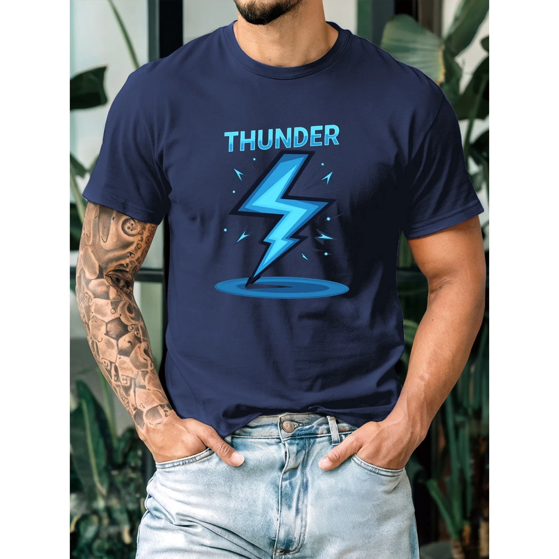 Thunder Graphic Tee for Men Casual Short Sleeve Round Neck T-Shirt Breathable Cotton Regular Fit for Daily Outdoor Wear
