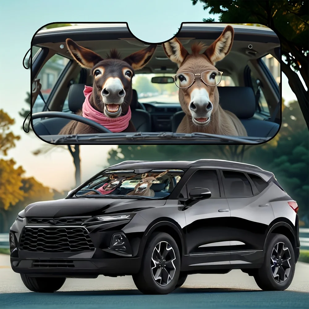 

1pc, Donkey Couple Car Sun Shade, Foldable UV Blocking Fabric, Reflective Material Reduces Heat