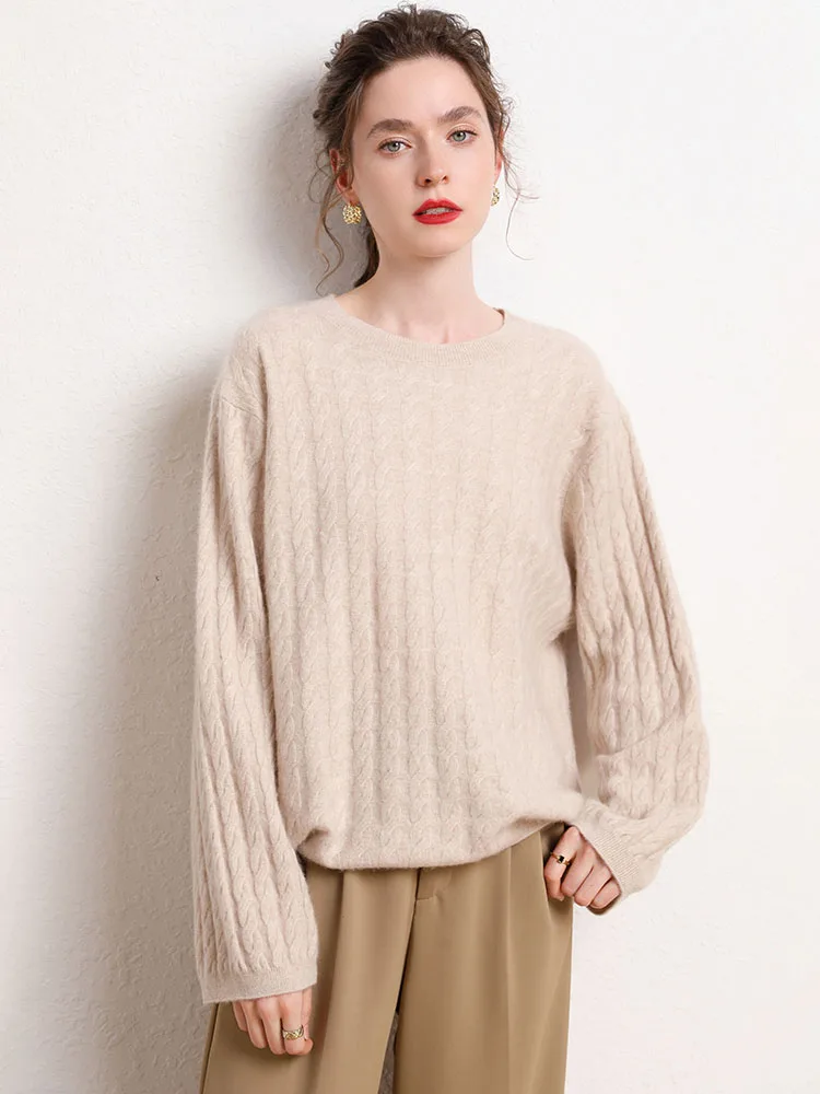 Spring Autumn Women's O-neck Cashmere Pullovers Loose Sweater 100% Cashmere Knitwear Asymmetric Hem Twist Flower Soft Clothing