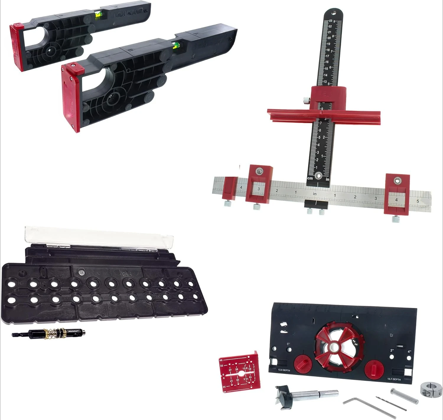 

Milescraft 7300 Cabinet Kit – Cabinet Hardware Jig, Shelf Pin Jig, Hinge Jig and Drawer Slide Jig.