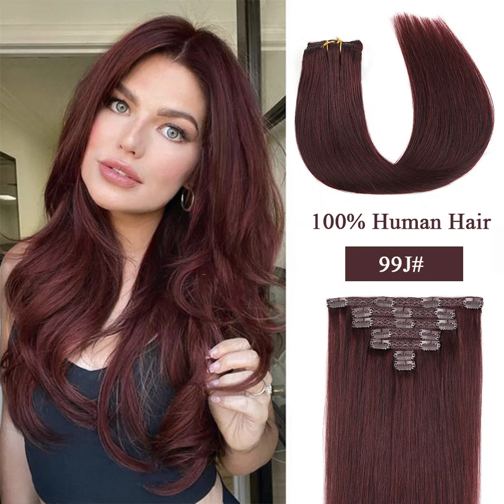 Clip In Hair Extensions 100% Human Hair Clip ins Wine Red Color 99J# Extensions Double Weft Seamless Full Head For Women