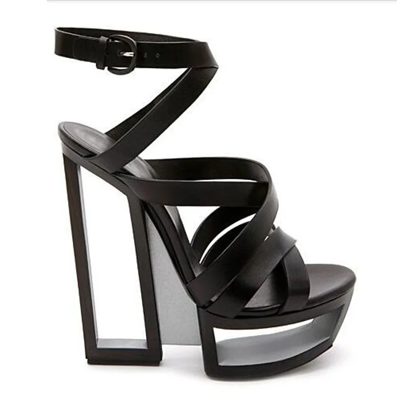 

Hot Selling Black White Fretwork Strange Heel Women Sandals Cut-out Hollow Platform Gladiator Sandals Women Banquet Dress Shoes