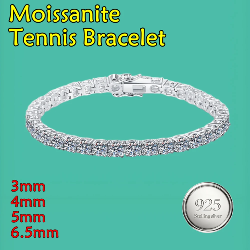 

3/4/5/6.5mm Moissanite Tennis Bracelet S925 Sterling Silver Bracelet for Women Man Sparkling Party Jewelry