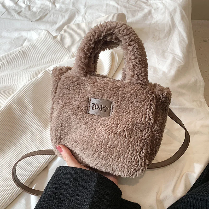 Koreański styl zimowa torba miękkie puszyste torebka damska torba Khaki pluszowa torba Crossbody wszechstronna Bolsas Feminina ciepłe wełna jagnięca