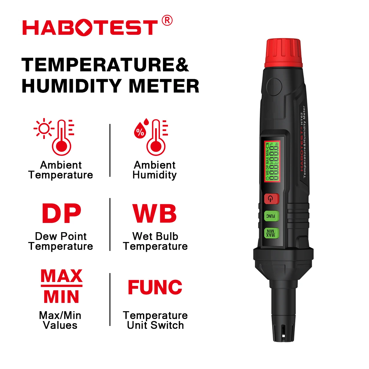 HABOTEST HT62 4-in-1 Digital Psychrometer Portable Thermo-Hygrometer Temperature and Humidity Meter Pen