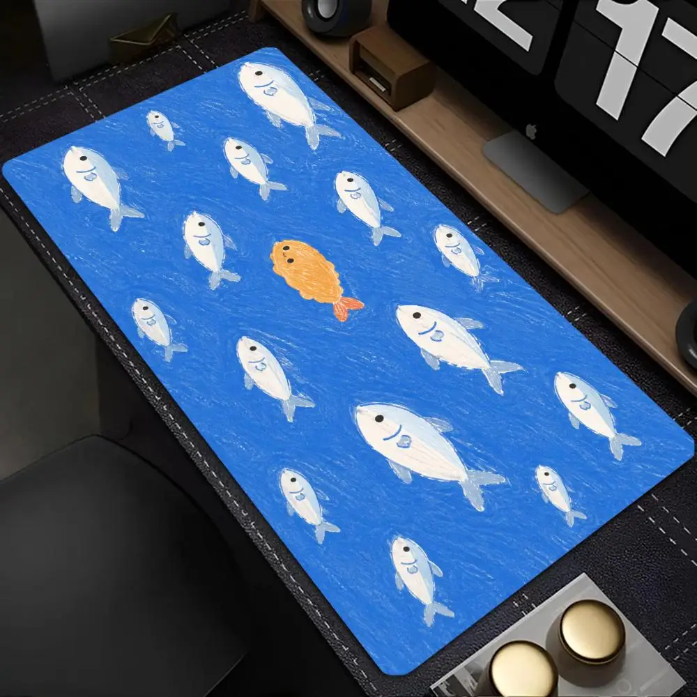 Watercolor Goldfish Large Mouse Pad Cute Fish Group Blue Ocean Bubble Art Desk Mat for Girls Home Office Gaming Decor