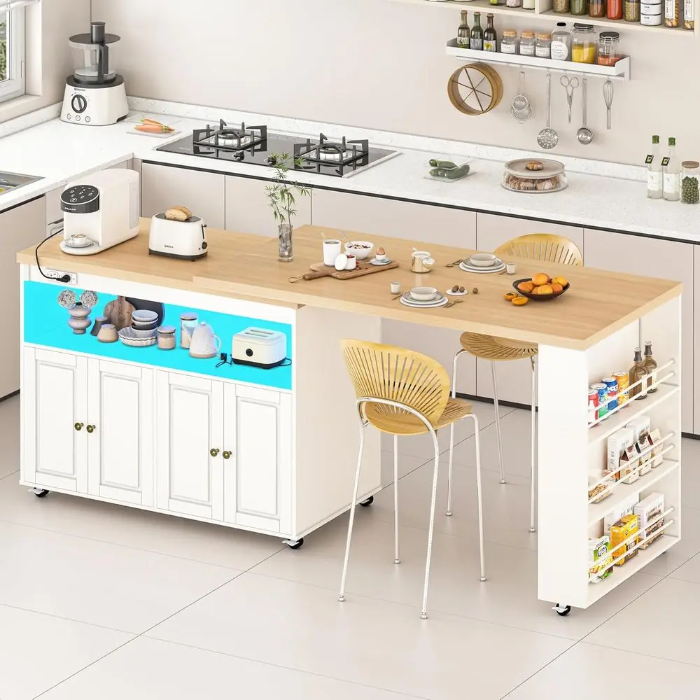 

Swivel Kitchen Island with LED Lights, Power Outlet, Storage Cabinet, and Side Tabletop on Wheels - White