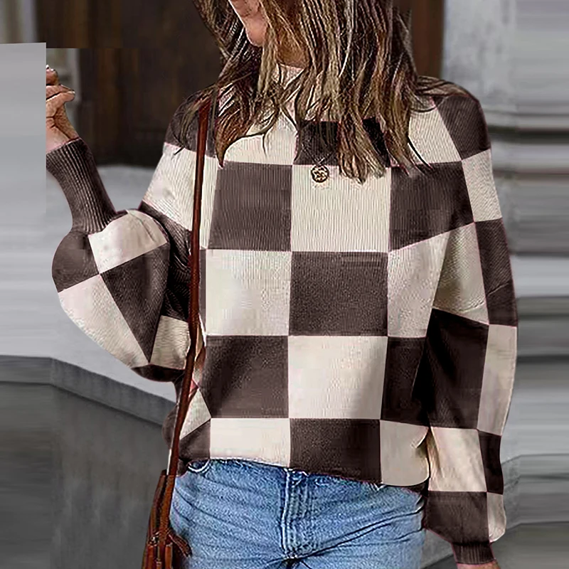 

Модный женский вязаный пуловер контрастных цветов, Женский Теплый Универсальный свитер с круглым вырезом, осенне-зимние джемперы с длинным рукавом