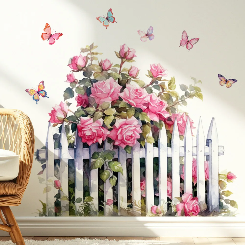Rosa Rosen-Zaun Blumen Wandkunst Deko Wohnzimmer Selbstklebende Wandaufkleber für Schlafzimmer Büro Dekoration