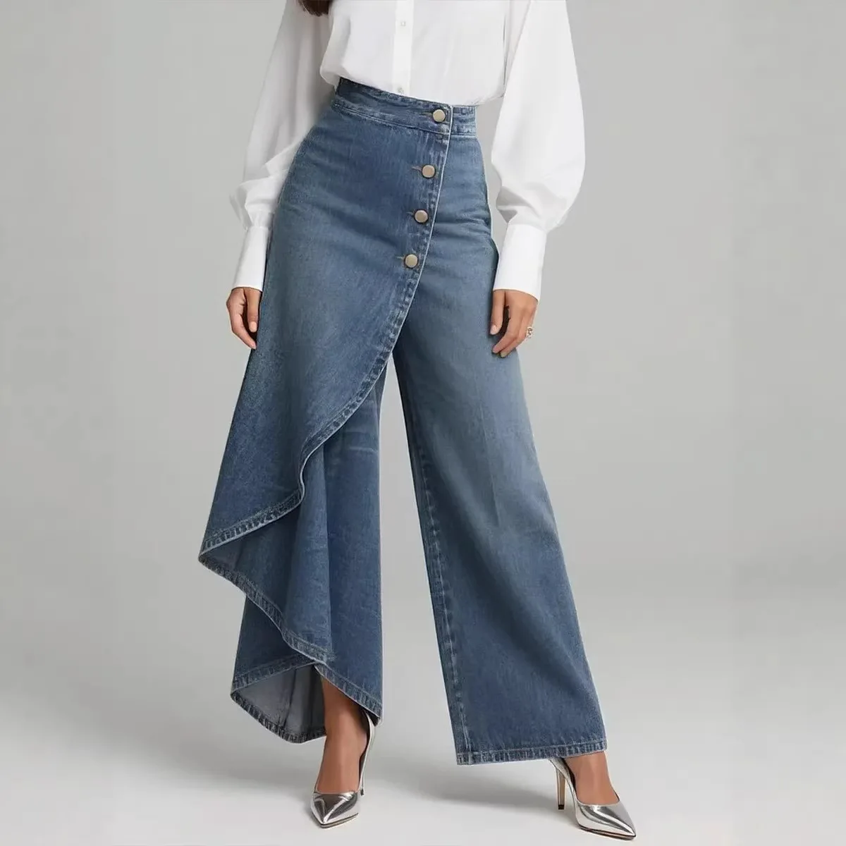 Women's High Waist Denim Skirt Pants Asymmetrical Ruffle Detail Wide Leg Jeans Trousers Vintage Streetwea