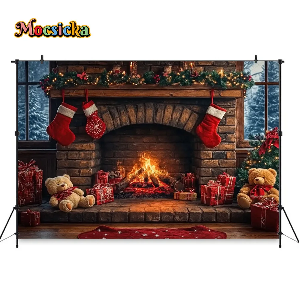 Mocsicka Christmas Fireplace Room Photography Backdrop Stocking Toy Bear Holiday Background Winter Family Portrait Photo Studio