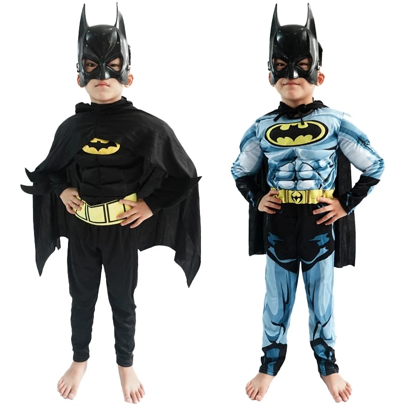 Kinderen Vleermuis Cosplay Jumpsuit Held Kostuum Pak Met Cape Masker Mannen Superheld Wayne Cosplay Hoge Kwaliteit Halloween Carnaval Feest